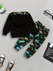 Boy's Dino Print Hoodie & Pants Set for Spring Fall