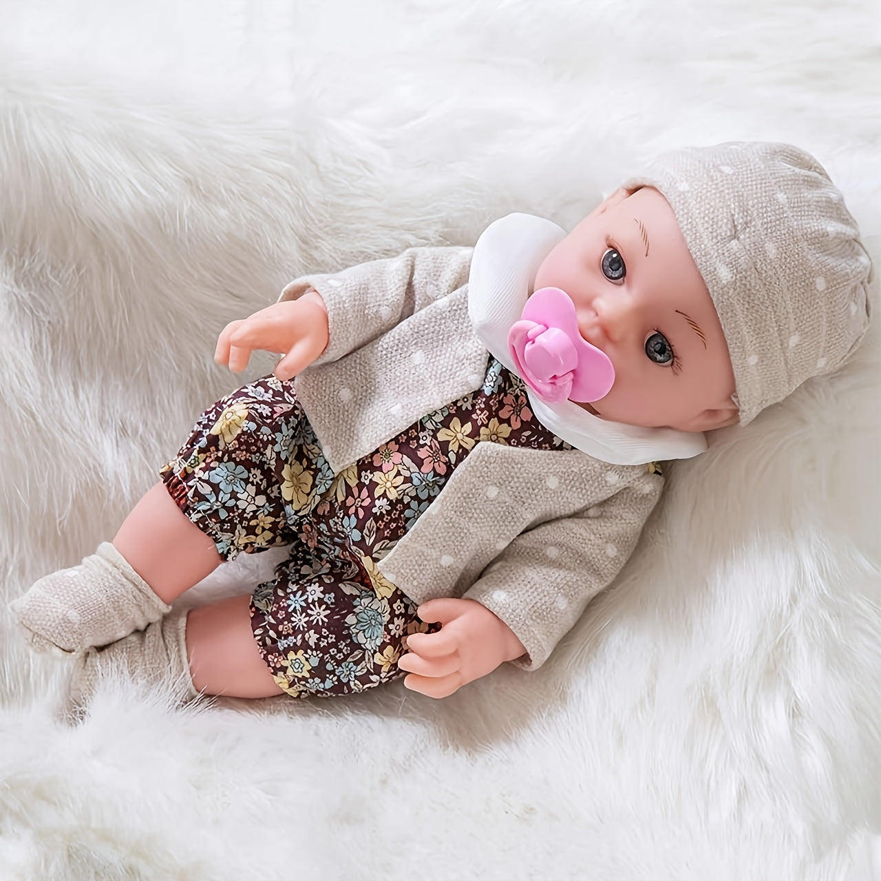 12 Lifelike Reborn Baby Doll with Floral Outfit and Knitted Hat