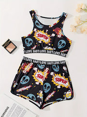 Letter Print Pajama Set Tank Top & Shorts