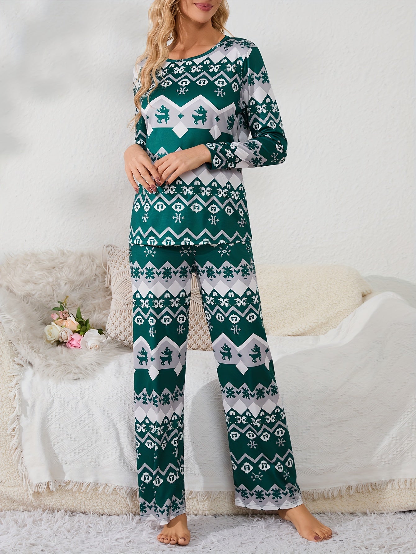Geometric Print Pajama Set Long Sleeve Top & Pants