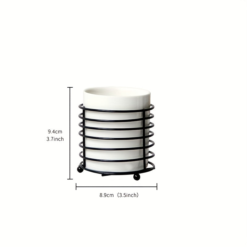 Kitchen Utensil Holder with Golden Ring Metal Frame and Ceramic Crocks