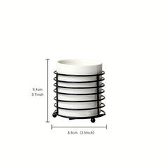 Kitchen Utensil Holder with Golden Ring Metal Frame and Ceramic Crocks
