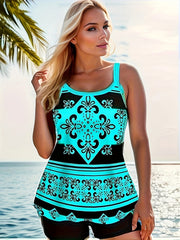 Geo Print Tankini Set Women's Cami Top & Shorts Swimsuit 2 Piece Set