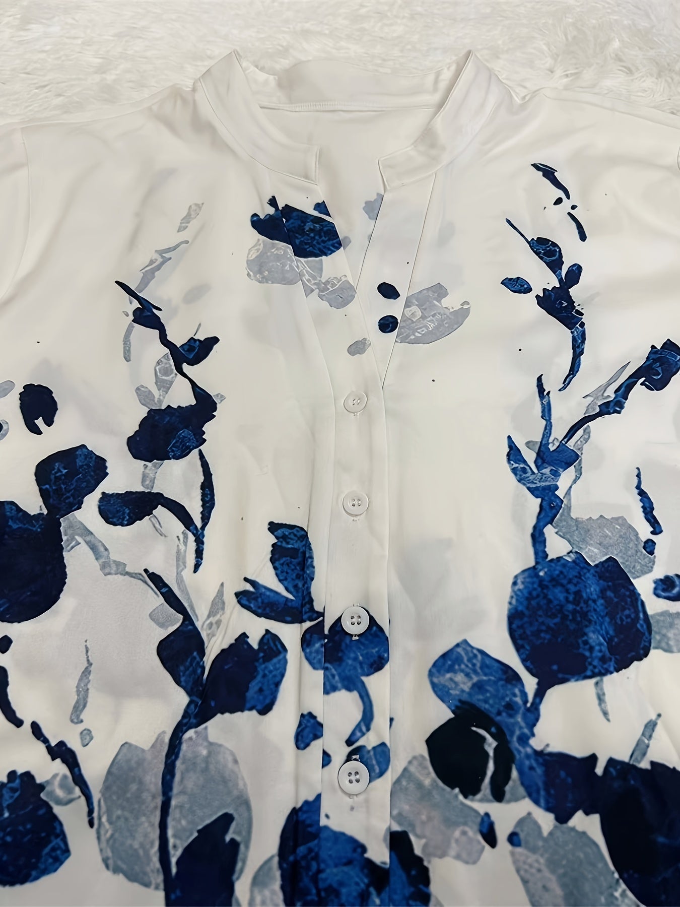 Women's Plus Floral Print Short Sleeve Button Up V Neck Blouse