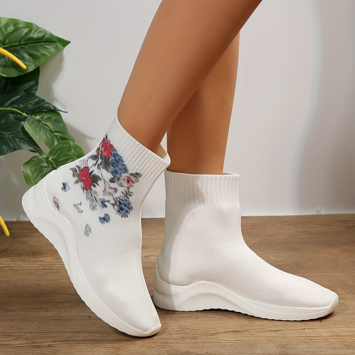 Women's Floral Print Stretch Sock Boots Slip On Ankle Boots