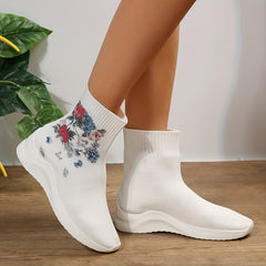 Women's Floral Print Stretch Sock Boots Slip On Ankle Boots