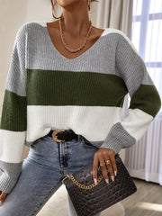 Striped V-Neck Sweater Long Sleeve Jumper