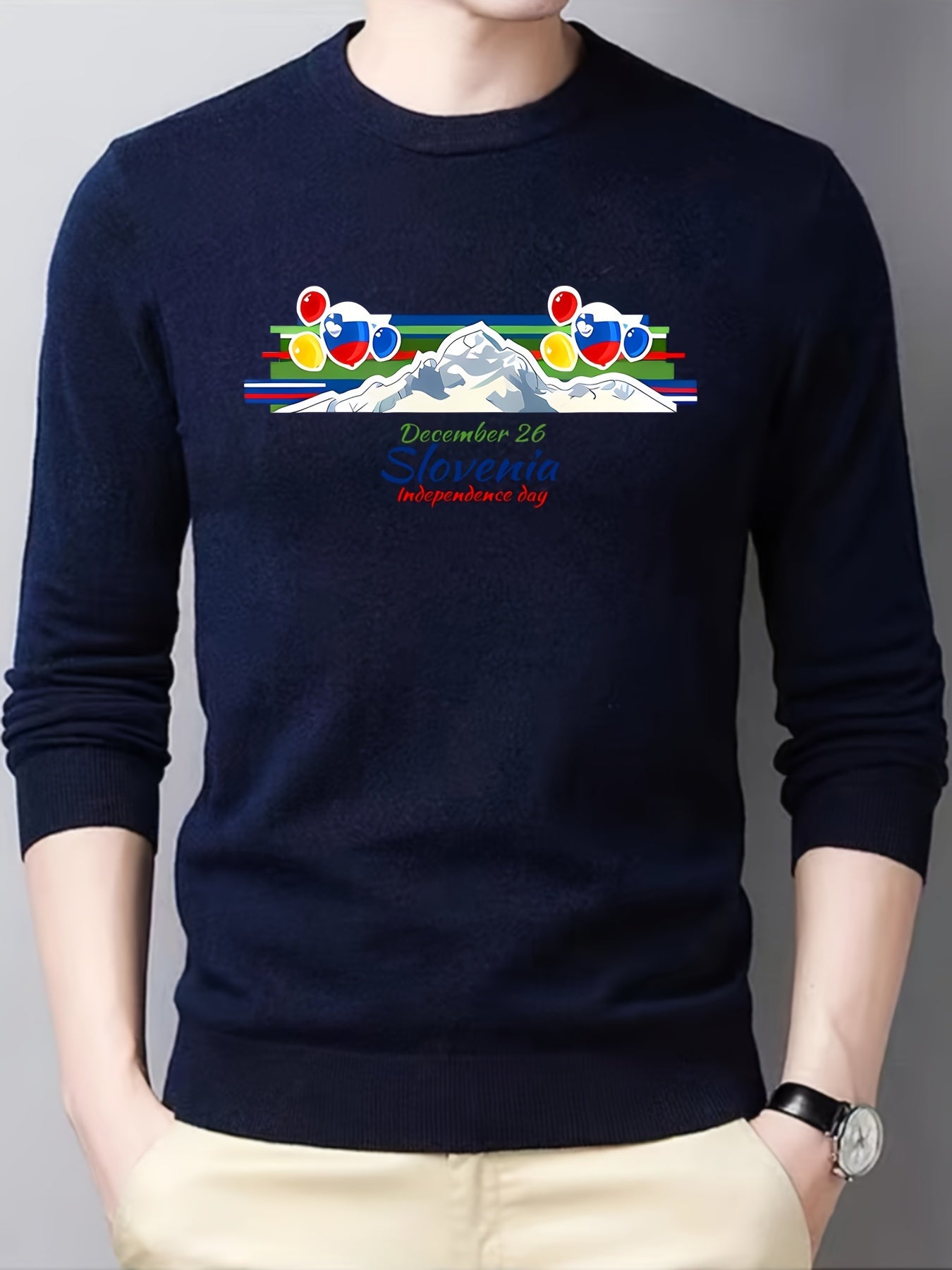 Mountain Print Men's Slim Fit Knitted Sweater Crew Neck Top