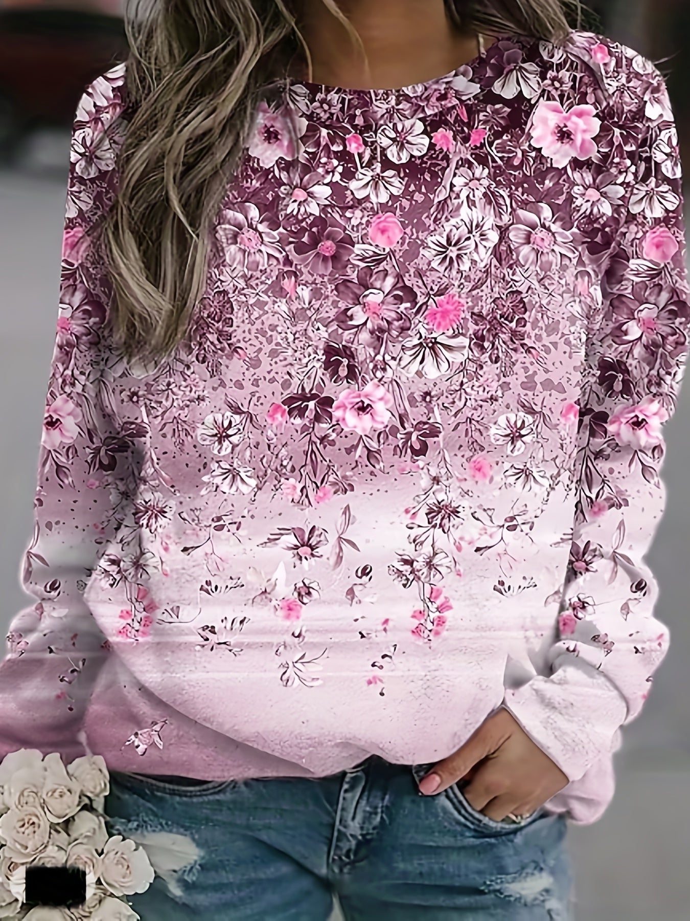 Floral Print Pullover Sweatshirt Long Sleeve Crew Neck Casual Top