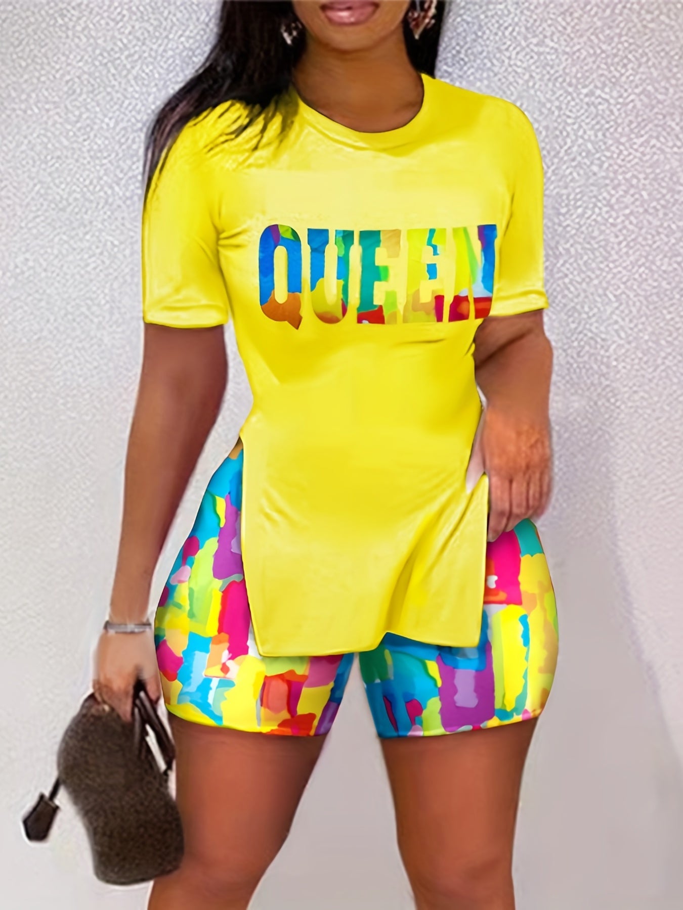Queen Print Tee & Colorful Shorts Set Women's Outfit