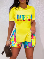 Queen Print Tee & Colorful Shorts Set Women's Outfit