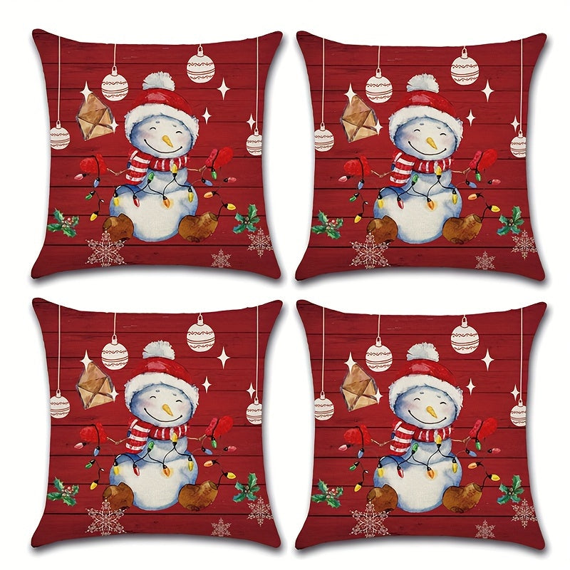 Christmas Snowman Snowflake Pillow Cover Red 4pc