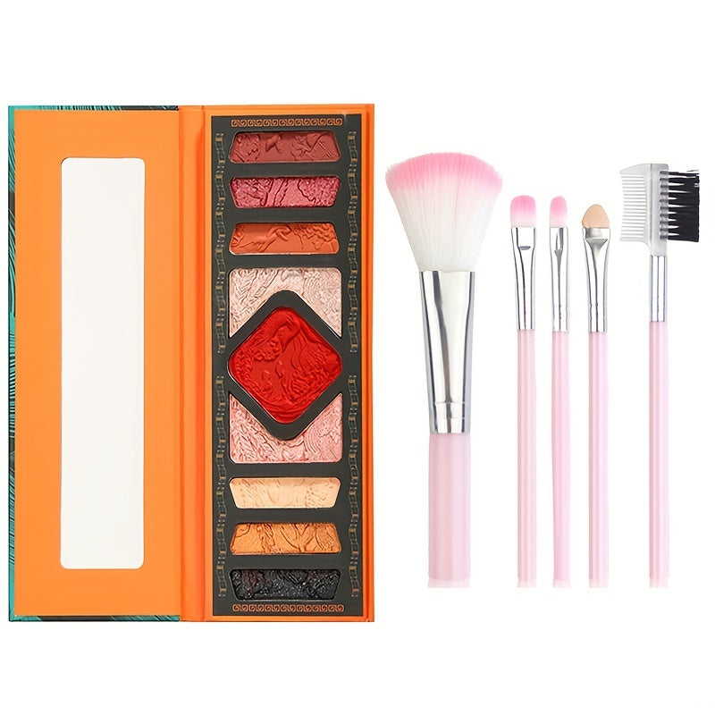 9 Colors Relief Eyeshadow Palette With 5pcs Pink Brush Set