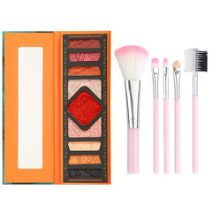 9 Colors Relief Eyeshadow Palette With 5pcs Pink Brush Set