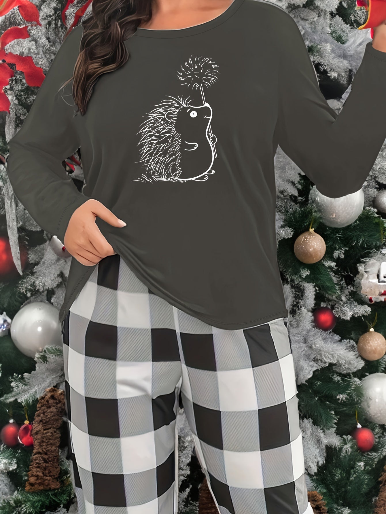 Hedgehog Print Lounge Top Long Sleeve Crew Neck Women's Sleepwear
