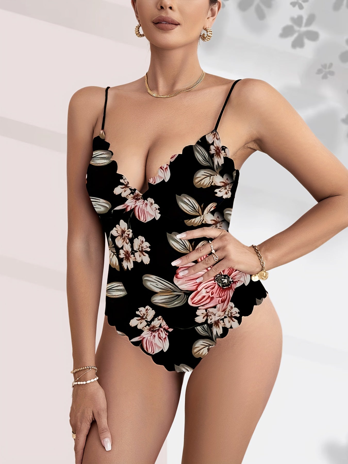 Floral Print V neck Cami Bodysuit Sexy Scallop Trim