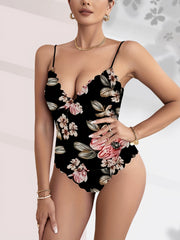 Floral Print V neck Cami Bodysuit Sexy Scallop Trim