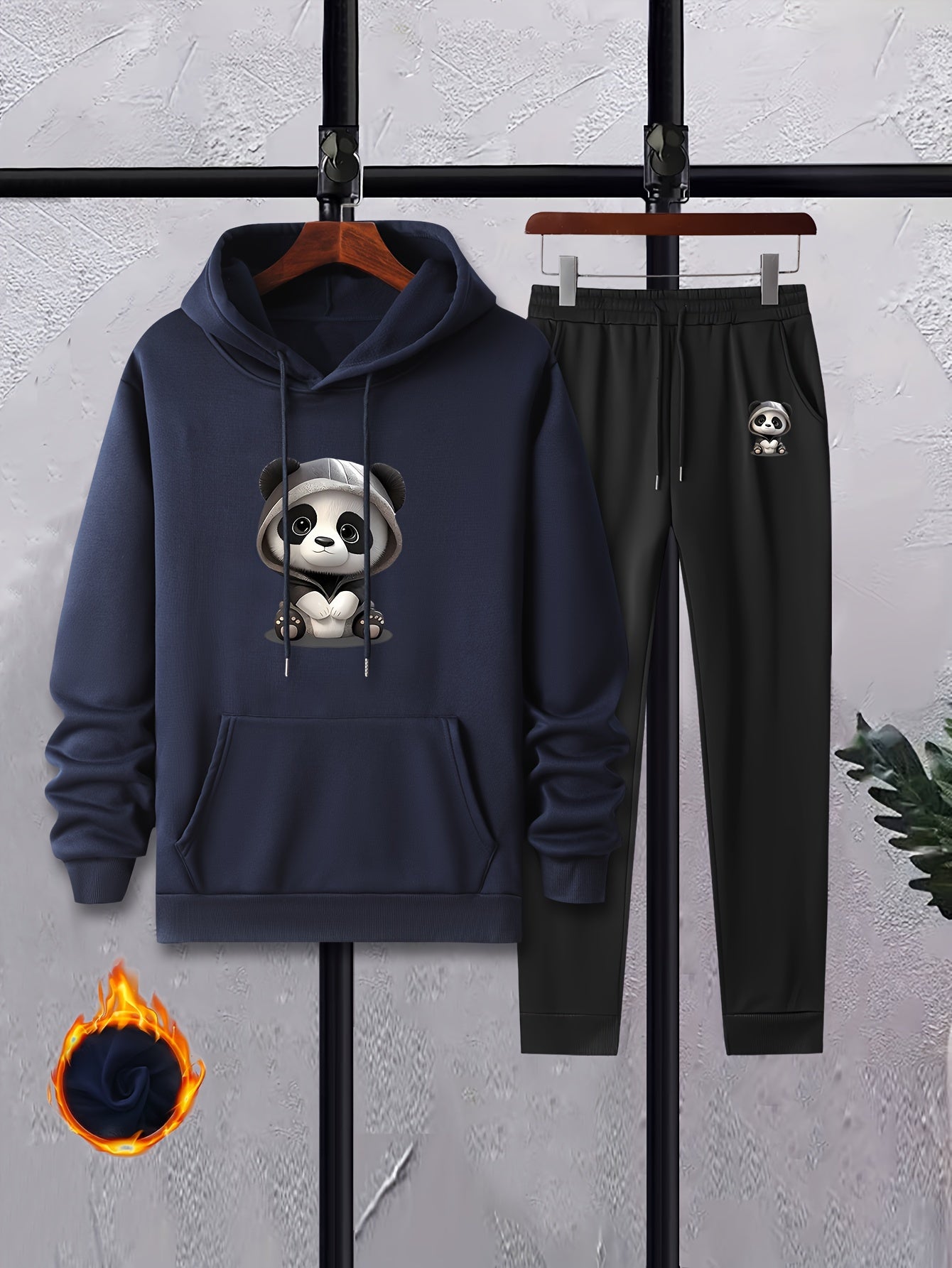 Panda Print Men's 2Pcs Outfits Crew Neck Long Sleeve T Shirt Hooded Sweat