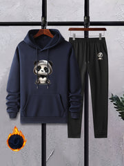 Panda Print Men's 2Pcs Outfits Crew Neck Long Sleeve T Shirt Hooded Sweat