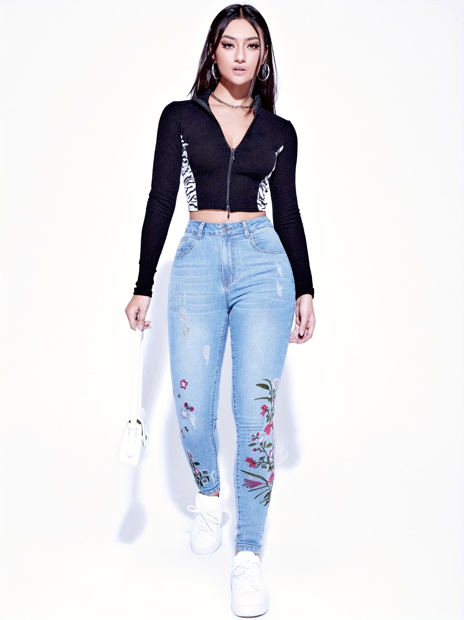 Floral Embroidery Ripped Skinny Jeans High Waist Stretchy Slim