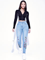 Floral Embroidery Ripped Skinny Jeans High Waist Stretchy Slim