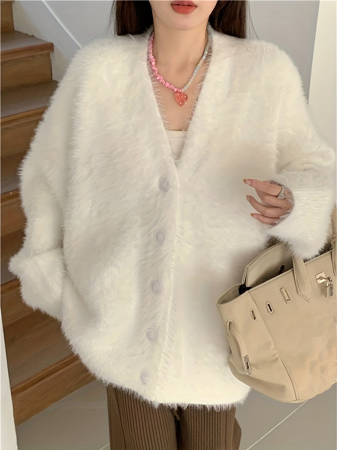 Fuzzy Button Front Knit Cardigan V Neck Long Sleeve Sweater