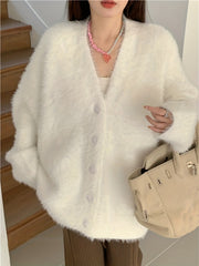 Fuzzy Button Front Knit Cardigan V Neck Long Sleeve Sweater