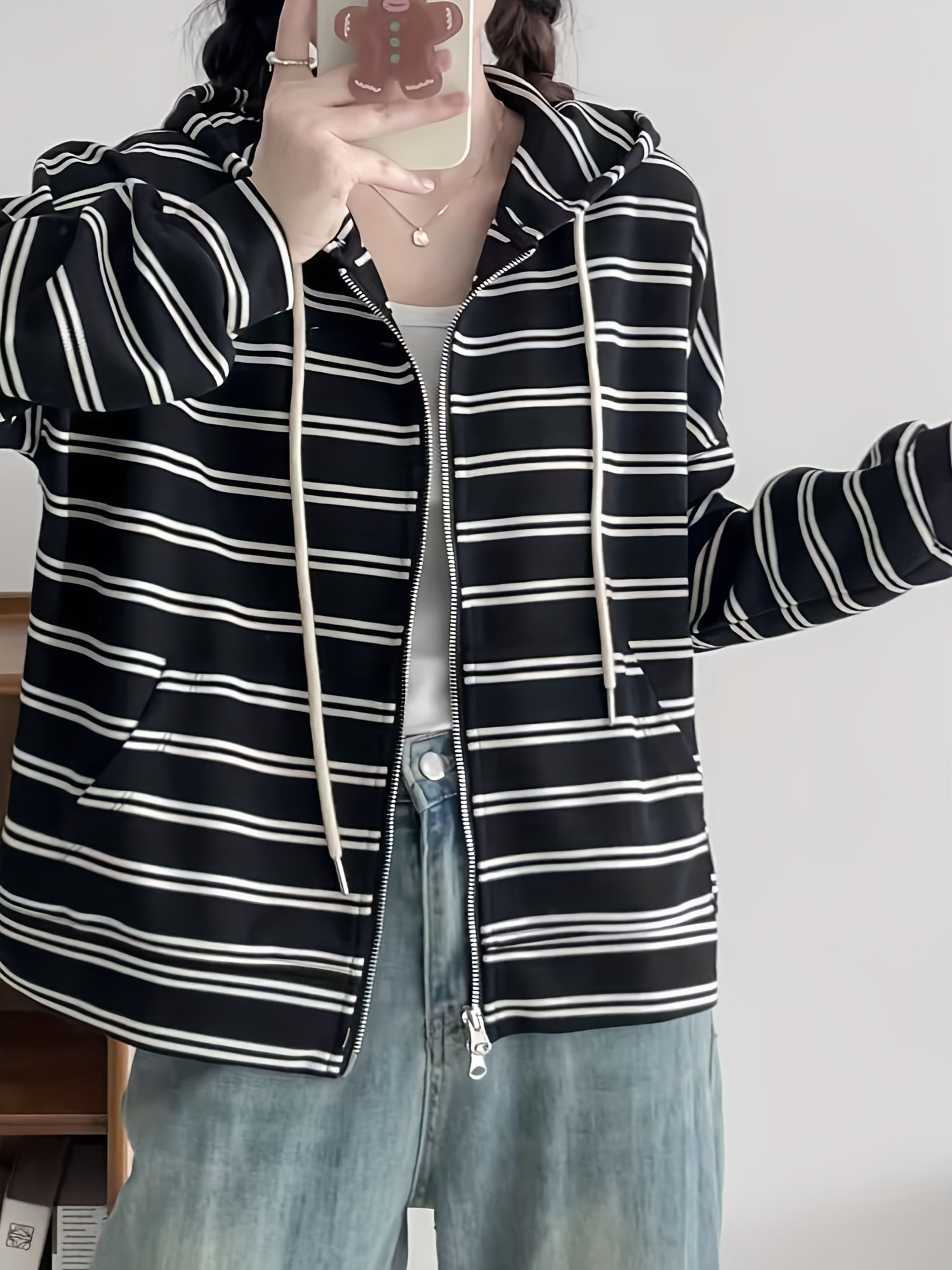Striped Hoodie Print Zip Up Sweatshirt Spring & Fall Women's Clothing