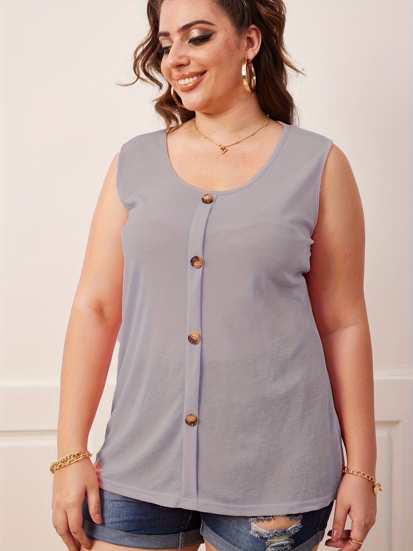 Solid Button Round Neck Tank Top