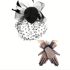 3pcs Fascinator Hat & Lace Gloves Set Tea Party Beret Wedding Feather Veil Clip