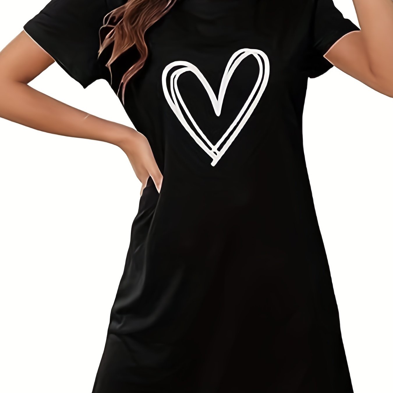 Heart Print NightDress Short Sleeve Crew Neck Pajama Dress Women's