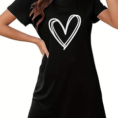 Heart Print NightDress Short Sleeve Crew Neck Pajama Dress Women's