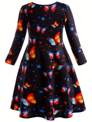 Girls Butterfly Graphic Long Sleeve Dress Spring Fall Party