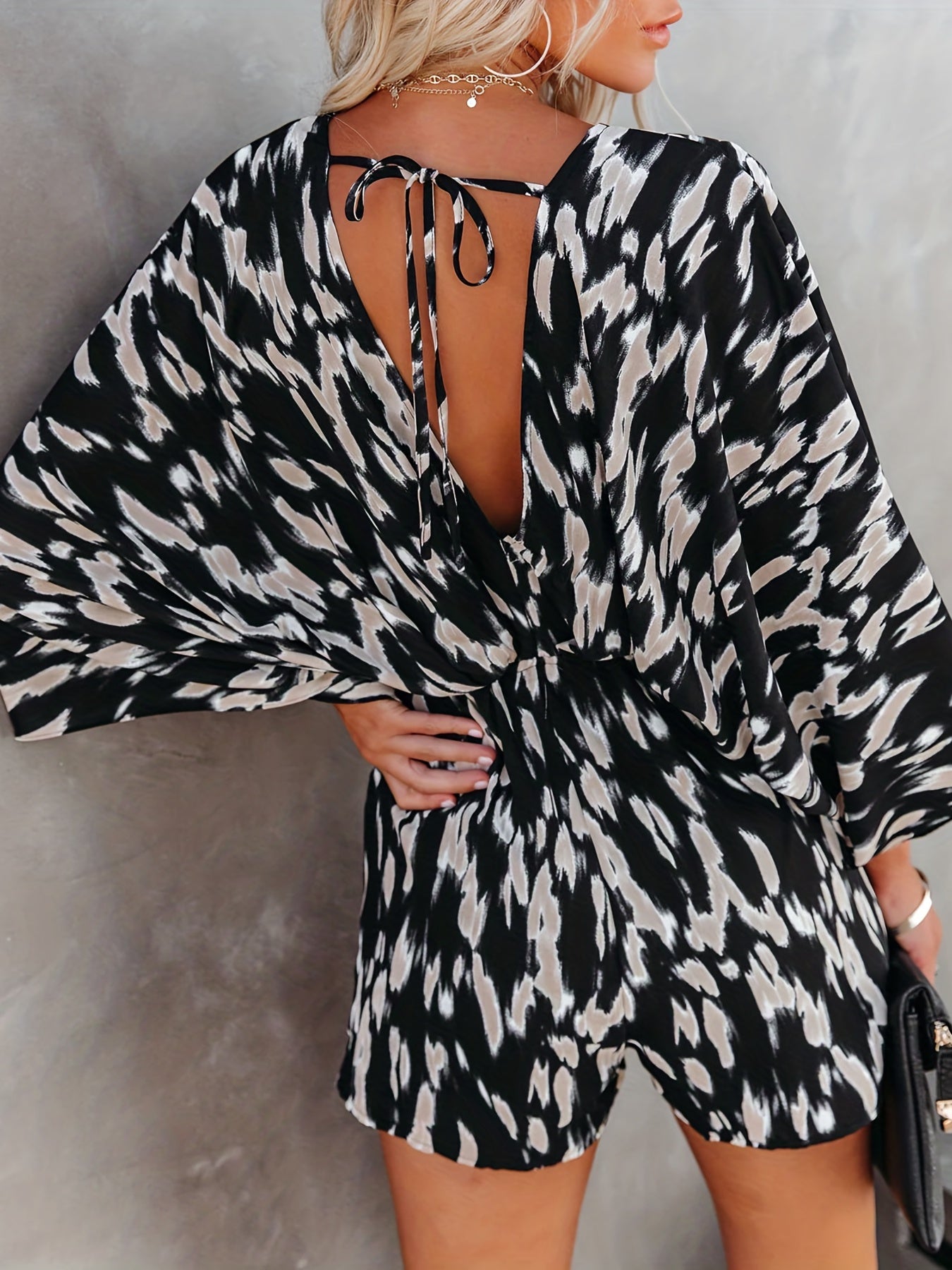 Leopard Print Romper Jumpsuit V Neck Elastic Waist Romper Women's Clothing
