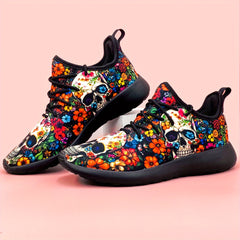 Women's Skull & Flowers Print Sneakers Lace Up Outdoor Shoes Lightweight Low Top