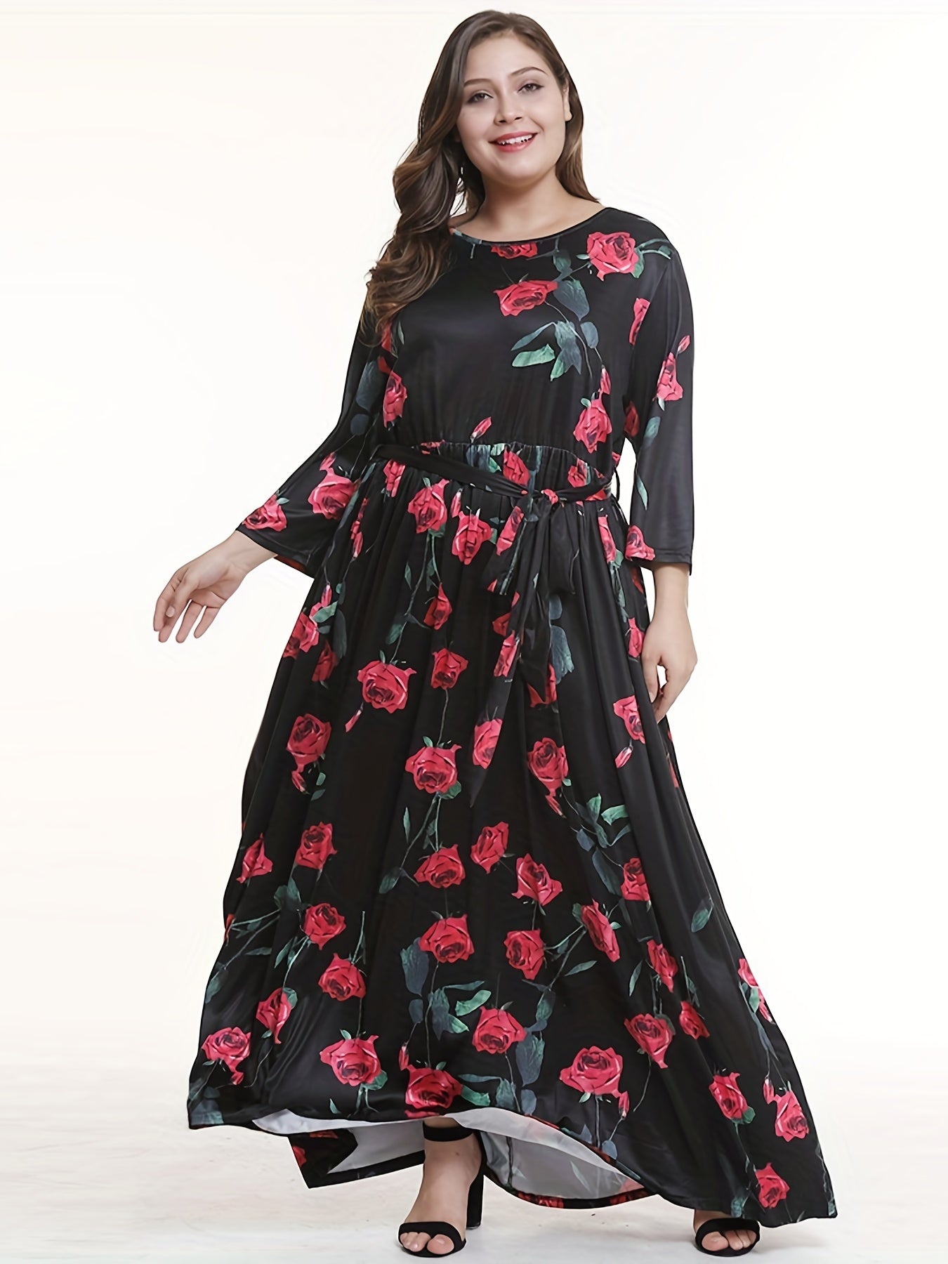 Floral Print Long Sleeve Plus Size Maxi Dress with Belt
