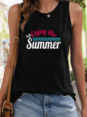 Tree & Wave Pattern Stretchy Sports Vest Round Neck Sleeveless Casual Top