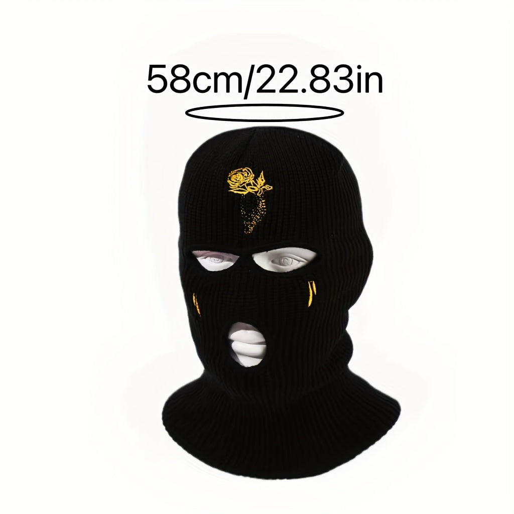Unisex Thermal 3 Hole Knitted Mask with Flower Embroidery