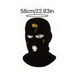 Unisex Thermal 3 Hole Knitted Mask with Flower Embroidery