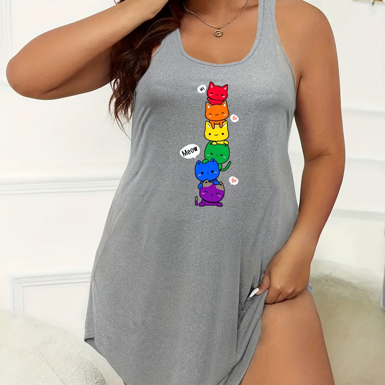 Colorful Cat Print Nightdress Tank Sleep Dress