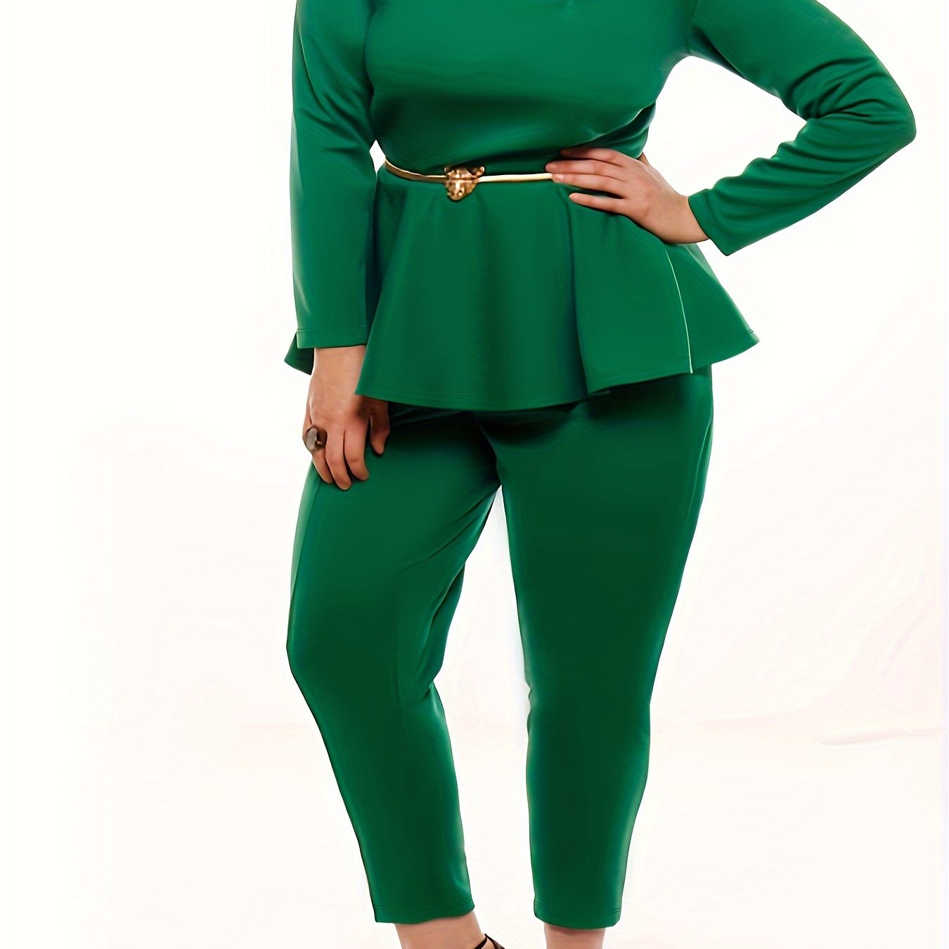 Solid Long Sleeve Round Neck Peplum Top & Pants Two Piece Set