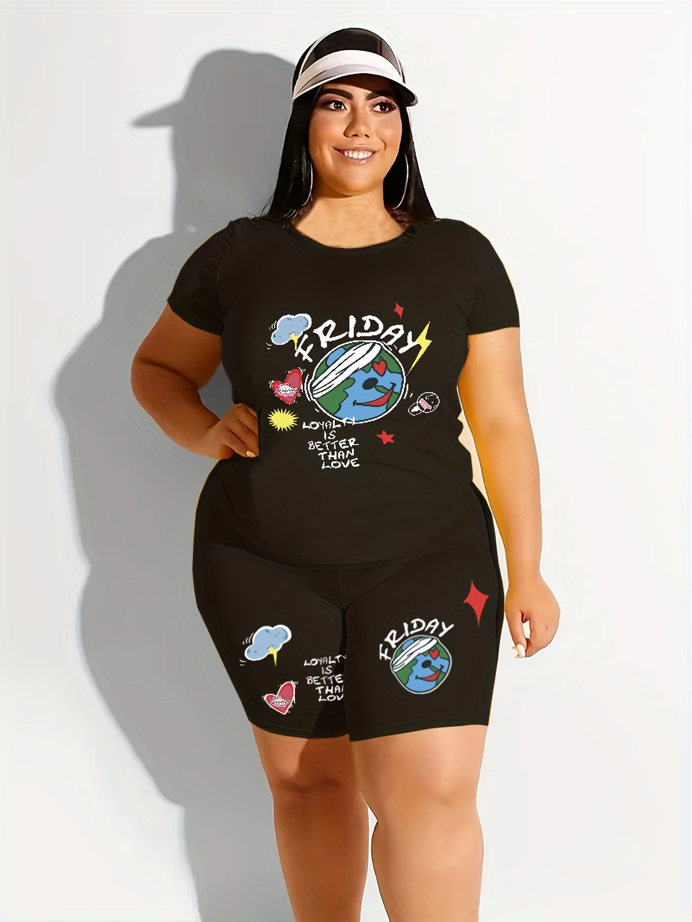 Women's Plus Letter & Graphic Print V Neck Top & Shorts Outfits 2 Piece Set