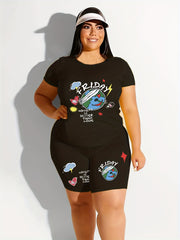 Women's Plus Letter & Graphic Print V Neck Top & Shorts Outfits 2 Piece Set