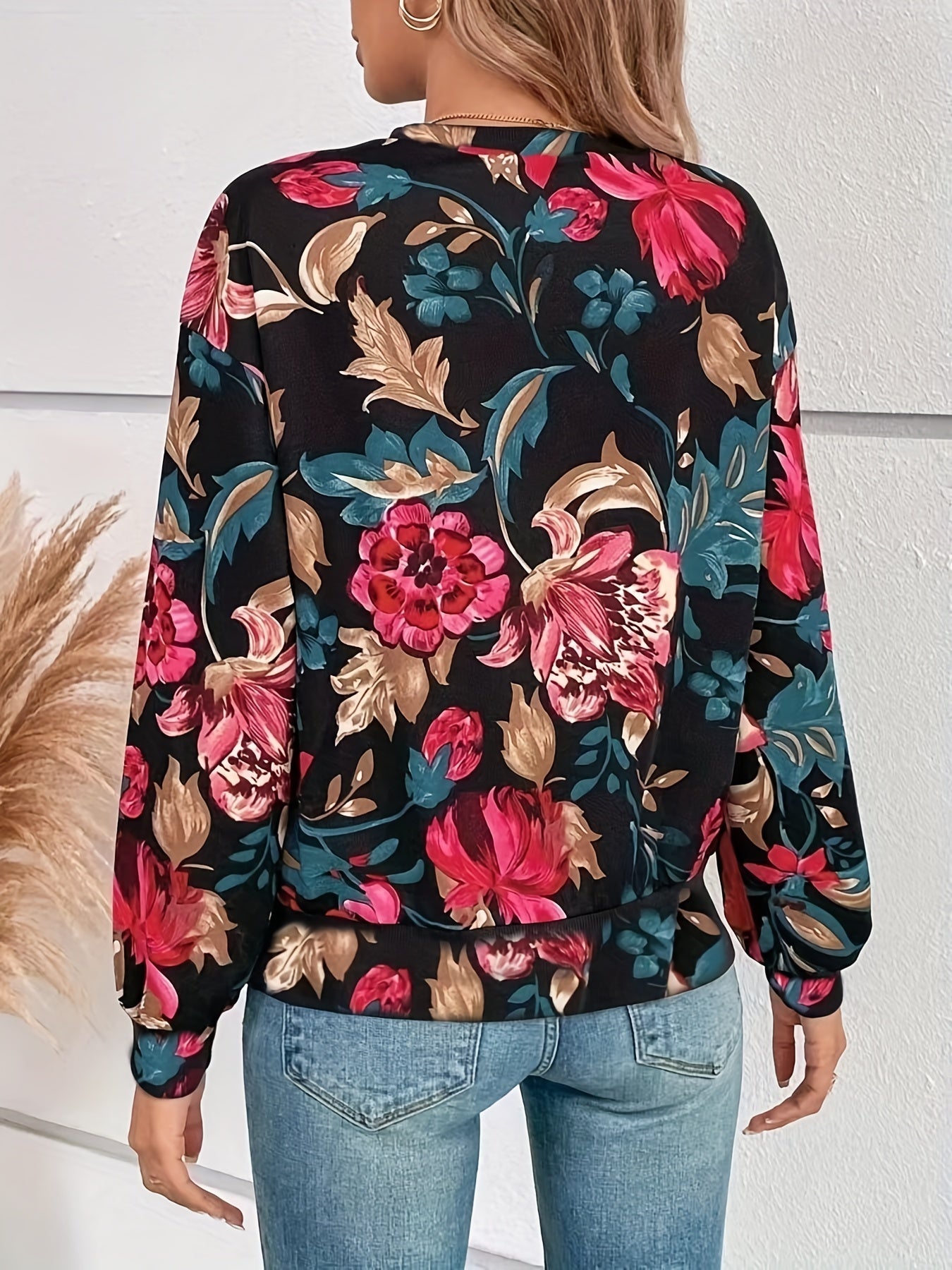 Floral Print Pullover Sweatshirt Long Sleeve Crew Neck for Spring & Fall Women