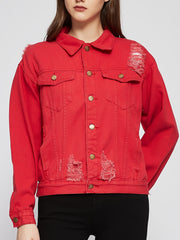 Red Distressed Deco Fit Jacket Red Coat Women's Denim Coat