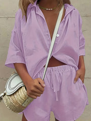 Casual Drop Shoulder Blouse & Drawstring Shorts Set for Women