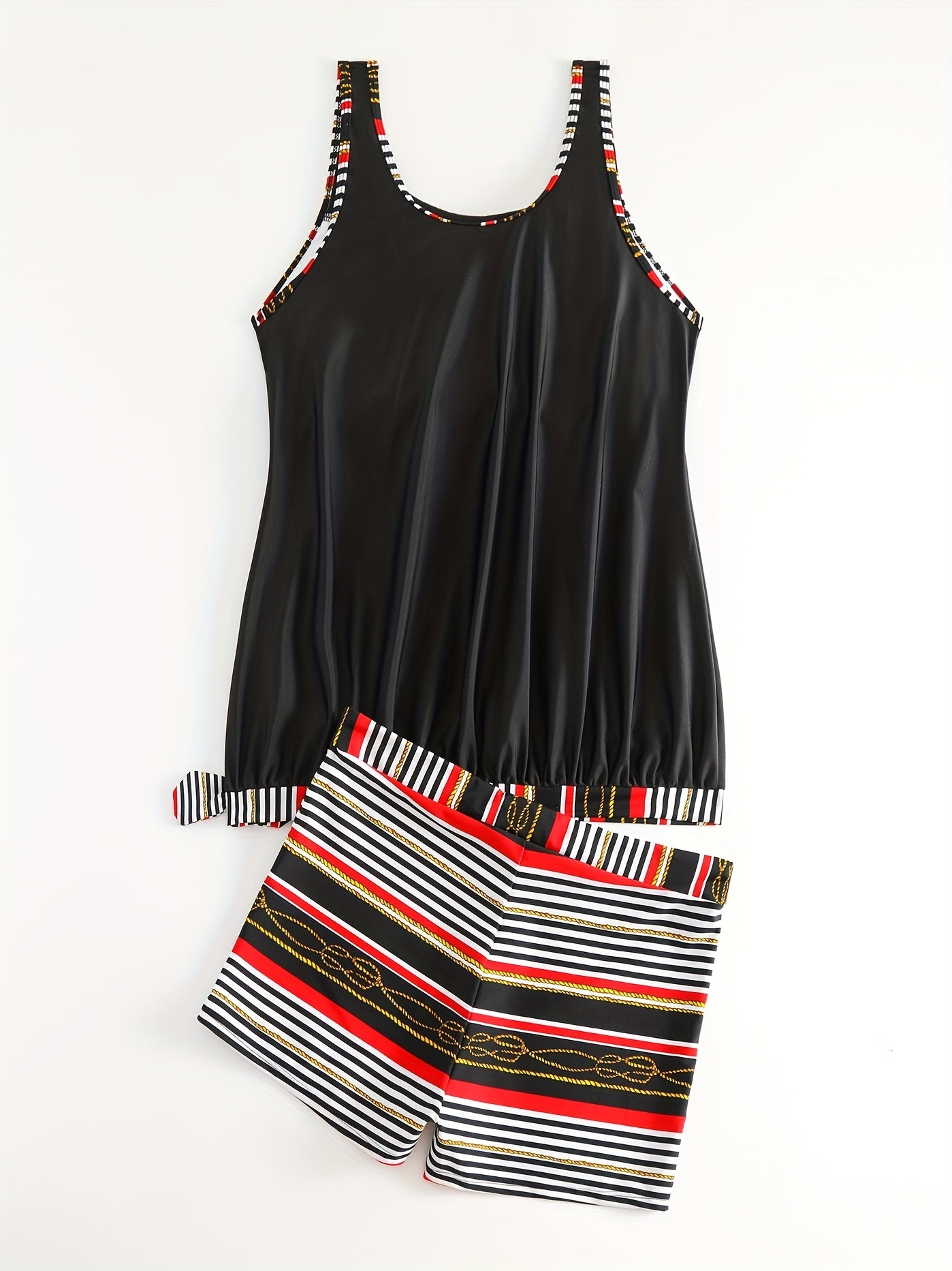 Modest Tankini Set Women's Plus Stripe Print Ruched Tank Top & Shorts