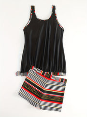 Modest Tankini Set Women's Plus Stripe Print Ruched Tank Top & Shorts