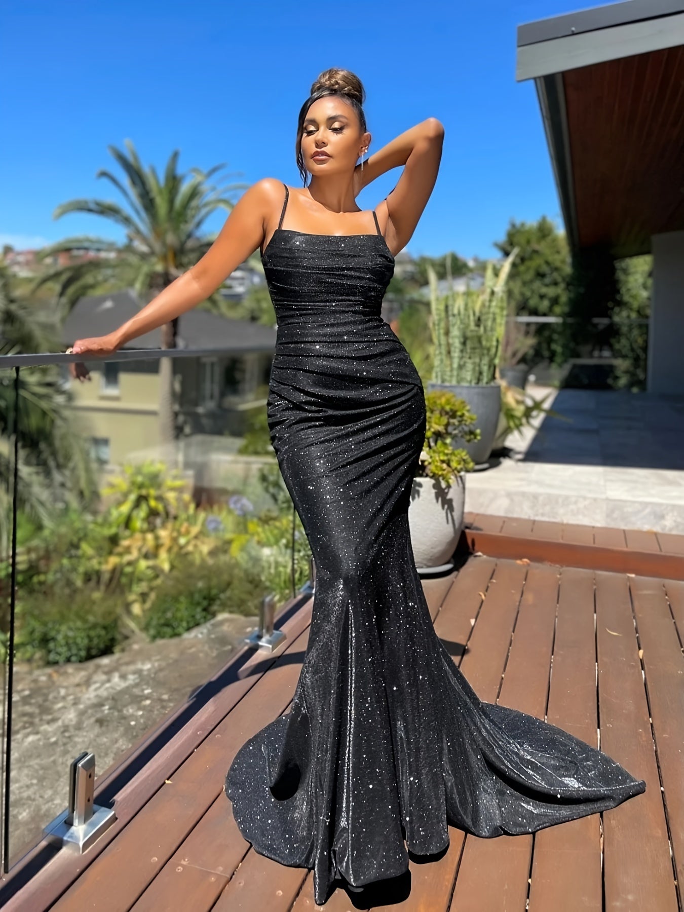 Glitter Sequin Maxi Dress Slim Ruffled Cocktail Evening Gown