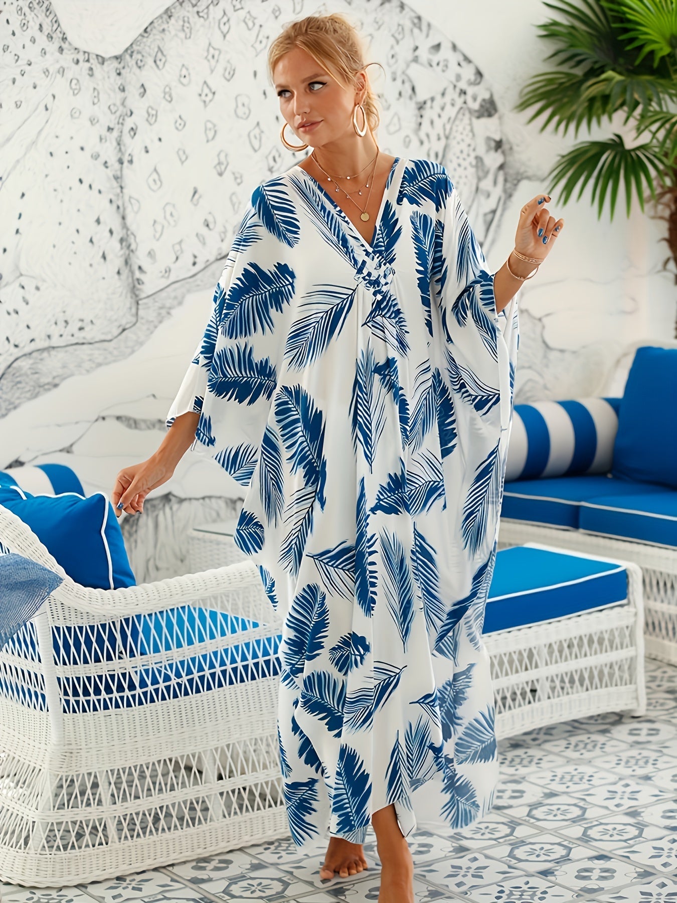 Leaf Print Cover Up Dress V Neck Bat Sleeve Vacation Wear